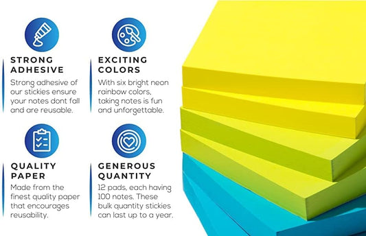 Sticky Notes 3x3 Inch, 6 Bright Color Sticky Pads, 100 Sheets Each, Super Sticky Notes with Strong Adhesive Office Supplies for Desk, School & Daily Planning