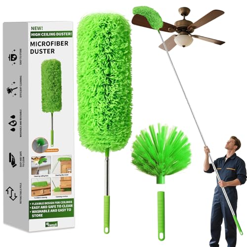 Cobweb Duster with Extension Pole, Washable Cleaning Duster Set with 2 Duster Heads, Corner Brush, 15-110-Inch Telescoping Pole for high Ceiling Fans, Long Duster for high Ceilings,Spider Web Brush