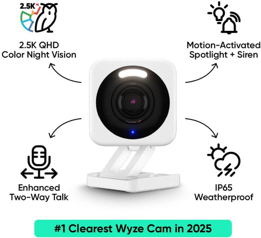 WYZE Cam v4, 2.5K QHD WiFi Indoor/Outdoor Smart Home Security Camera, Pet/Baby Monitor, Motion Activated Spotlight/Siren, Color Night Vision, 2-Way Audio, Works with Alexa & Google