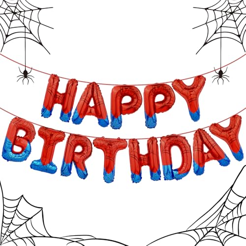 Spider Themed Happy Birthday Banner Party Decorations Kit with Spider Balloons, Colorful Superhero Backdrop Supplies for Boys Kids Indoor Outdoor Celebration, Themed Party Essentials(Spider Blue+Red)