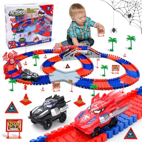 Spider Hero Monster Truck Toys for 3 4 5 6 7 8 9 Year Old Boys Girls: Race Track Set with 2 Spider Cars Electric Vehicle Kids Toys Gift for Boys Girls Age 3-9 Years Birthday Presents(212PCS)