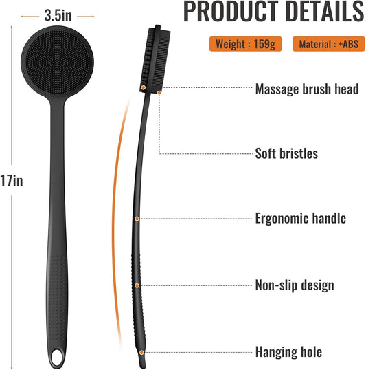 VWMYQ Silicone Back Scrubber for Shower, 17in Lengthen Long Handle Body Brush, Double Sided Shower Brush for Shower Exfoliating and Massage Can Produce Rich Foam, Long Handle Back Scrubber for Men.