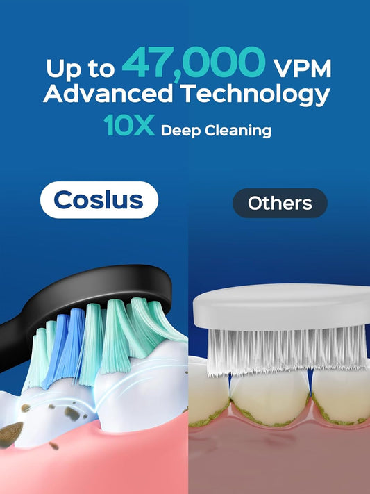 COSLUS Sonic Electric Toothbrush for Adults: 47000 VPM for Deep Cleaning & Whitening with Travel Case - 5 Modes for Sensitive Teeth & Braces, Wireless Charging, 6 Brush Heads for Home Family, Black