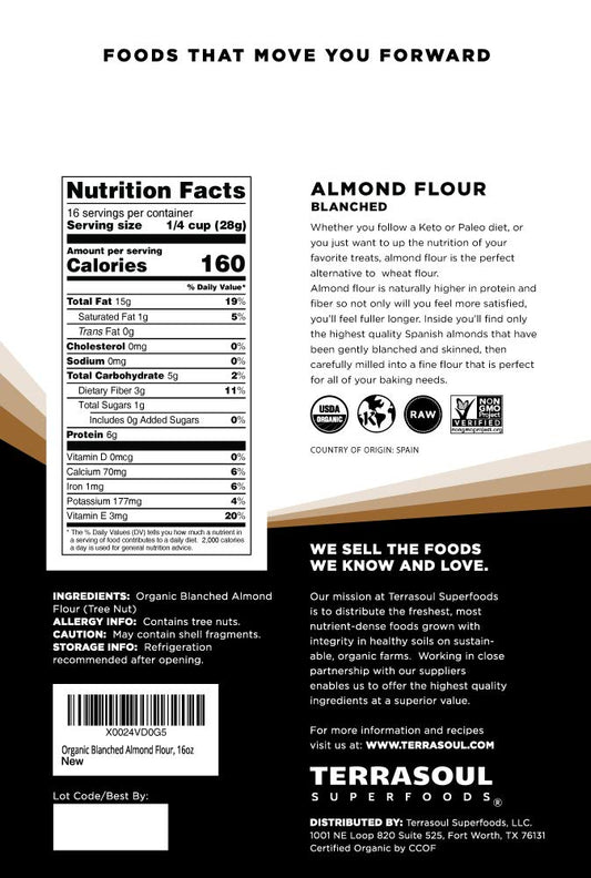 Terrasoul Superfoods Organic Almond Flour, 2 Lbs (Pack of 2) - Fine Texture | Grain-Free | Gluten-Free | Perfect for Keto Baking