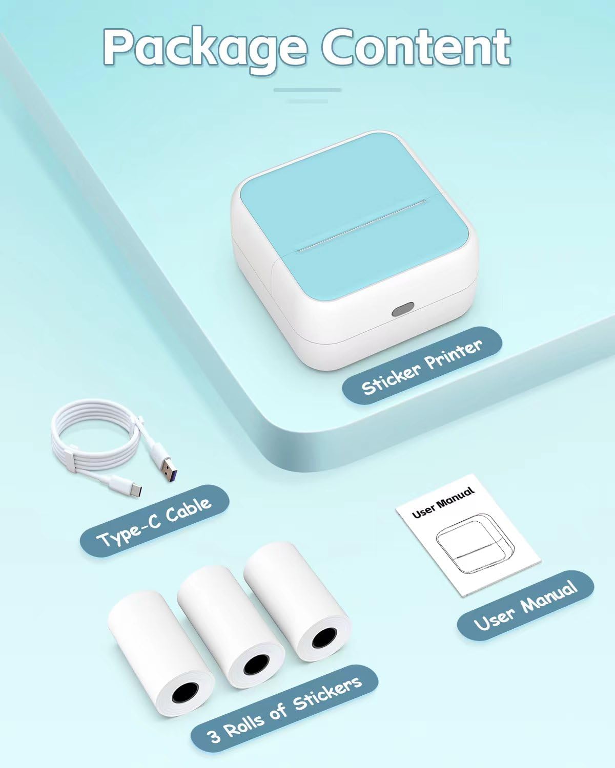 Sticker Printer - Printpods Mini Printer with Stickers, Print Pod, Bluetooth Inkless Printers, Sticker Maker, Portable Thermal Printer for iphone, Impresora Portรกtil for Notes, Journal, DIY, Kids Gift