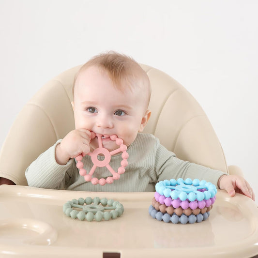 3 Pack Ring Teether Baby Infant Toys, Baby Essentials, Silicone Teething Ring Toys for Babies 0-6 Months, Seposeve Toddler Teethers 6-12 Months 12-24 Months, Infant Teething Relief, Purple Pink White