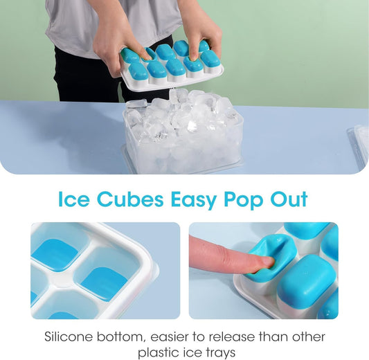 DOQAUS Ice Cube Tray with Lid and Bin - 4 Pack Silicone Ice Cube Trays for Freezer, Stackable Ice Bucket Kits with Storage Container & Scoop for Kitchen, RV, Cocktail, Coffee