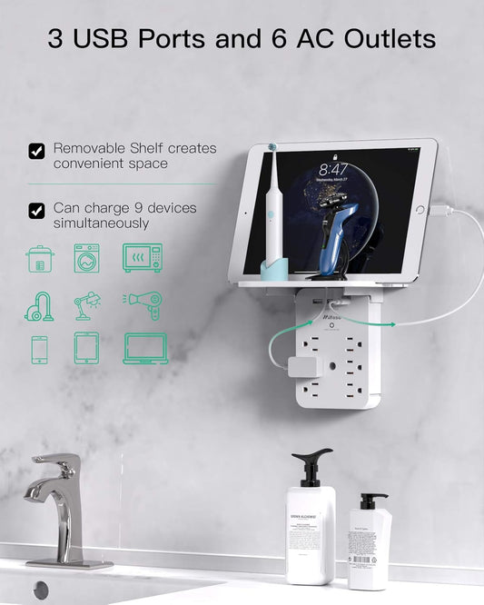 Wall Outlet Extender with Surge Protector, 6 AC Outlets, Shelf, 2 USB & USB C Charging Ports - Home & Dorm Plug Expander