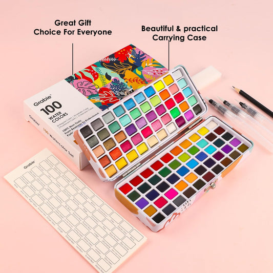 Grabie 100 Colors Watercolor Paint Set - 50 Regular, 35 Metallic, 10 Macaron and 5 Fluorescent Colors - Portable with Carrying Case, Water Brush Pens, and Accessories - For Beginners and Professionals