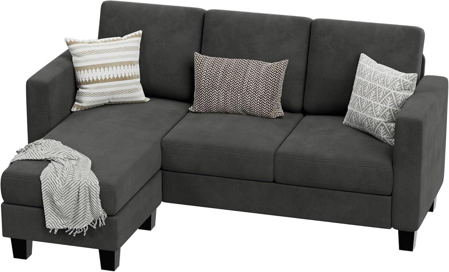 VICTONE Convertible Sectional Sofa Couch, 3 Seat L-Shaped Sofa with Linen Fabric Ottoman Small Couch for Small Apartments, Living Room and Office (Linen Fabric, Dark Gray)