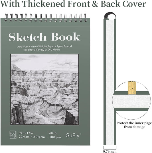 SuFly Sketch Book 9x12, Drawing Paper Pad-68lb/100gsm, Top Spiral Sketchbook Hardcover, 100 Sheets Sketch Pad for Kids Classroom Art Supplies for Adults-Sketchpad for Drawing, Illustration & Art Stuff