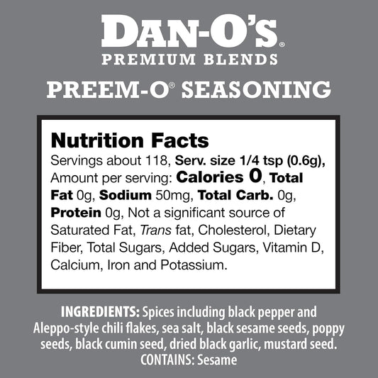 Dan-O's Preem-O Seasoning, 2.5 oz Bottle, Meat Seasoning for Steak, Ribs, Chicken, Brisket and More, Sugar Free, Zero Calorie, Use this Spice Blend to Craft a Marinade, Dry Rub or Sauce