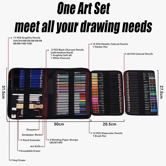 FPGFIIVO 101 Pcs Sketch Art Set, Art Supplies with 3-Color Sketchbook and Tutorial, Colored, Watercolor, Metallic, Graphite, Charcoal Pencils, Drawing Set Gifts for Artists Adults Kids Teens Beginner