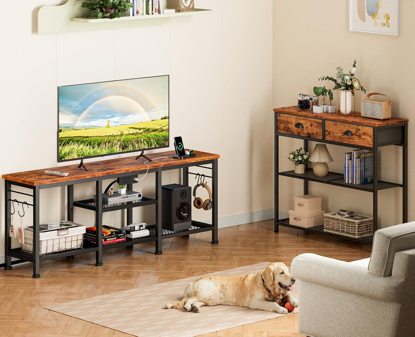 Furologee TV Stand with Power Outlets, Entertainment Center with Open Storage Shelves for TVs up to 55 Inch, Media Console Table with Soundbar Shelf for Living Room, Bedroom, Rustic Brown