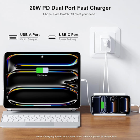 3 Pack USB C Wall Charger, 20W Durable Dual Port QC+PD 3.0 Power Adapter, Double Fast Plug Charging Block for iPhone 14/15/16/17 Pro/Pro Max/Plus, XS/XR/X, Watch Series 8/7 Cube,White