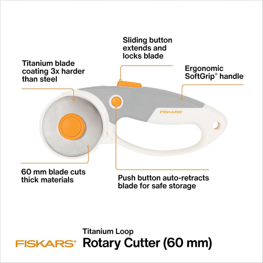 Fiskars 60mm Rotary Cutter for Fabric with Ergonomic Loop Grip And Comfort Handle, Titanium Rotary Fabric Cutter for Thick Materials, Easy and Safe Blade Change, Sewing Supplies and Quilting Tools