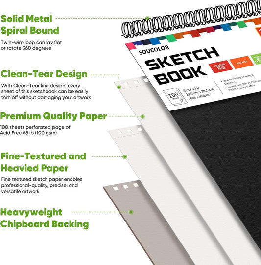Soucolor Sketch Book, Spiral Bound Acid-Free Sketchbook with 68lb/100gsm for Paper Painting, Drawing, Writing, Artist Sketching Pad for Kids, Adults & Teens, 100 Sheets (Black, 9 x 12 Inch, Pack of 1)