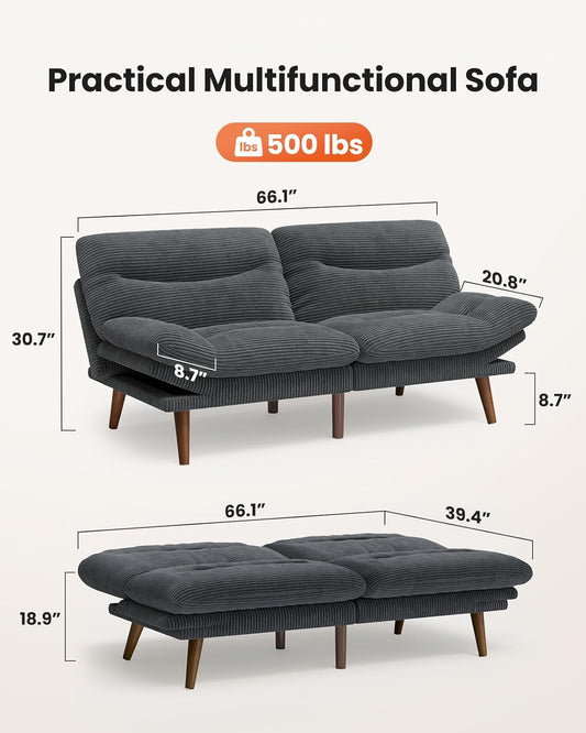 Pipishell Convertible Futon Sofa Bed,66" Corduroy Futon Couch with Adjustable Backrest and Armrests, Recliner Sleeper Sofa for Small Spaces, Play Room or Office, Grey
