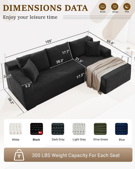 Cloud Sectional Couch,105 Inch Modular Sectional Sofa with Deep Seat,Modern Corduroy Boneless Couches with L-Shape Chaise for Living Room Bedroom,No Assembly Required (Black, Right Facing Chaise)