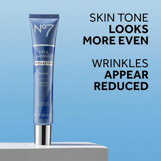 No7 Lift & Luminate Triple Action Face Serum - Collagen Peptide Anti-Wrinkle + Brightening Emblica & Vitamin C Serum + Pro Retinol Skin Firming Hyaluronic Acid & Hibiscus (50ml)