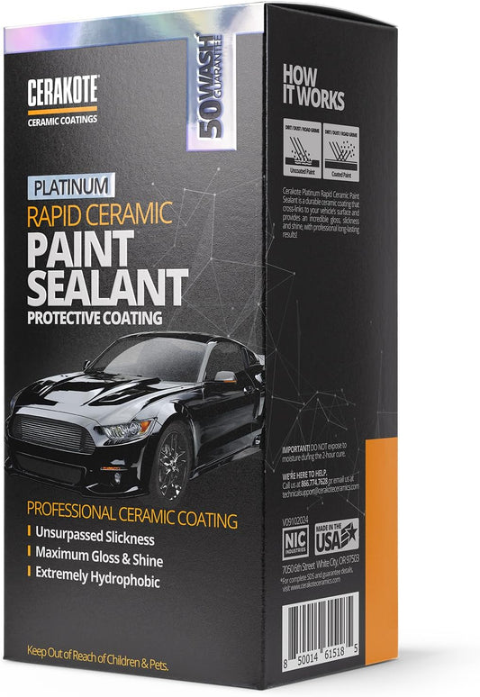 CERAKOTE Platinum Rapid Ceramic Paint Sealant Spray - 14 oz. - 50 Wash Rating - Maximum Gloss & Shine – Extremely Hydrophobic – Unmatched Slickness - Ceramic Spray Coating