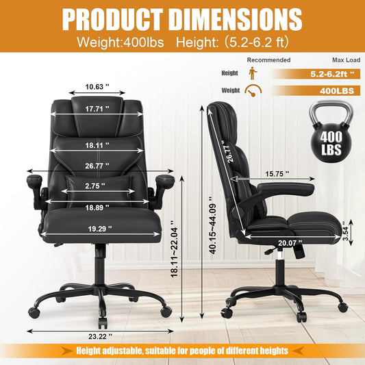 Executive Office Chair with Flip-up Armrests,Ergonomic Computer Desk Chairs,Mid-Tall Back Leather Office Chair 400 Lbs,Lumbar Support Swivel PC Chair with Rocking Function