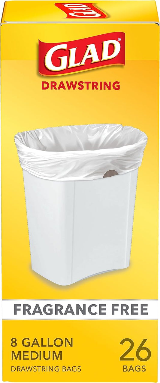 Glad Medium Trash Bags, 8 Gallon, Fragrance Free Garbage Bags With Drawstring, 26 Count