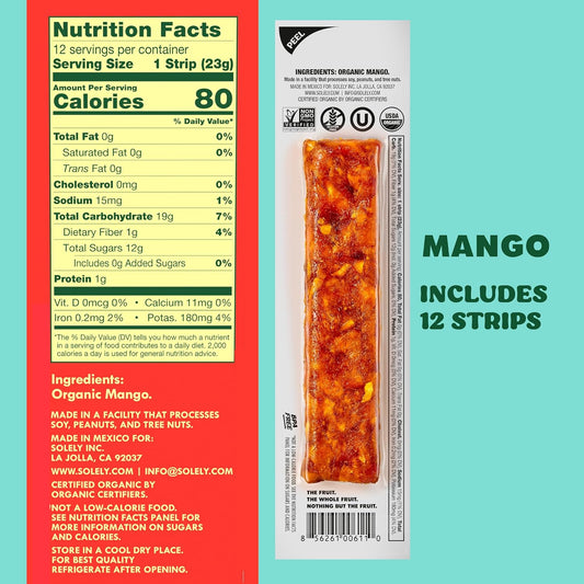 Solely - Organic Mango Fruit Jerky - 12 Individually Wrapped Fruit Strips - Fruit Leather Made from Dried Fruits - Healthy Snacks, Vegan - 0.8oz (23g)