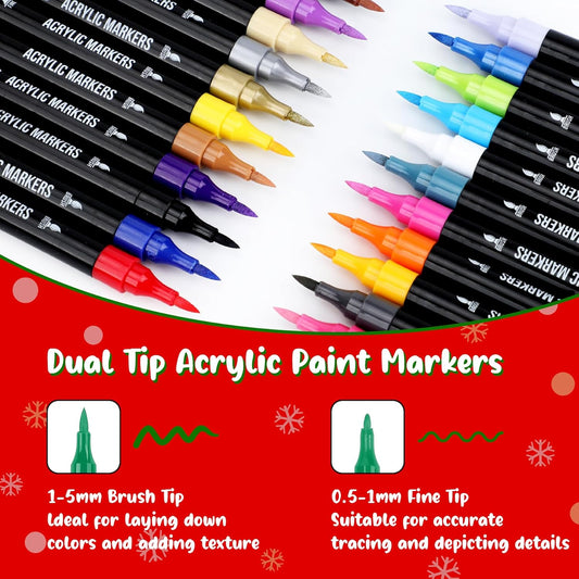 24 Colors Acrylic Paint Markers, Dual Tip with Fine Tip and Brush Tip Pens for Stone, Wood, Calligraphy, Canvas, Ceramic, Metal, Glass, Rock Painting, DIY Crafts