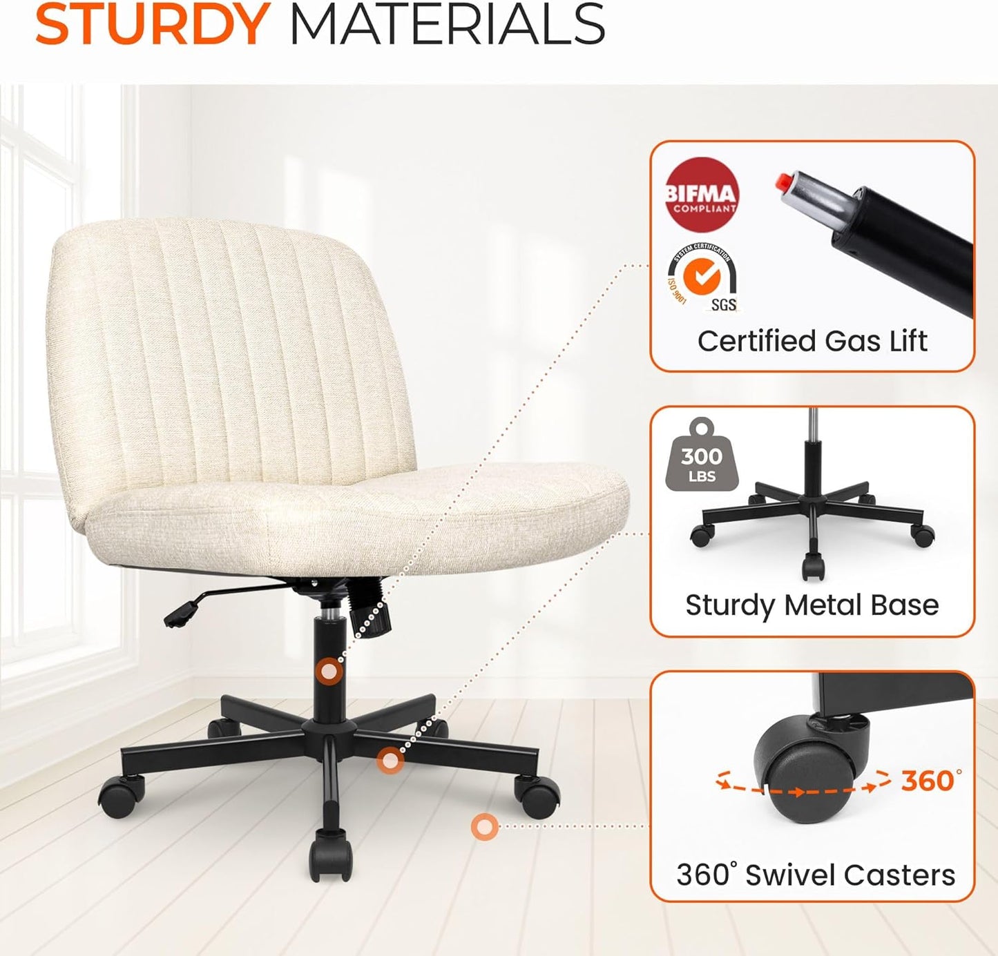 Orange Factory Criss Cross Chair Wheels Wide Cross Legged Office Desk Vanity Chair Comfy Fabric Armless Adjustable Swivel for Home Computer Task (Beige)