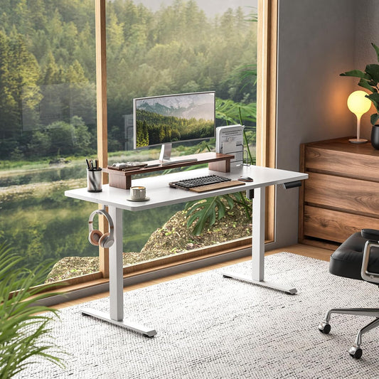 Veken 55 Inch Large Electric Standing Desk,Sit to Stand Up, Heights Adjustable, Work Home Office Computer Table for Study, Walking Pad, Writing, and Games, Wooden Desktop Desks, White