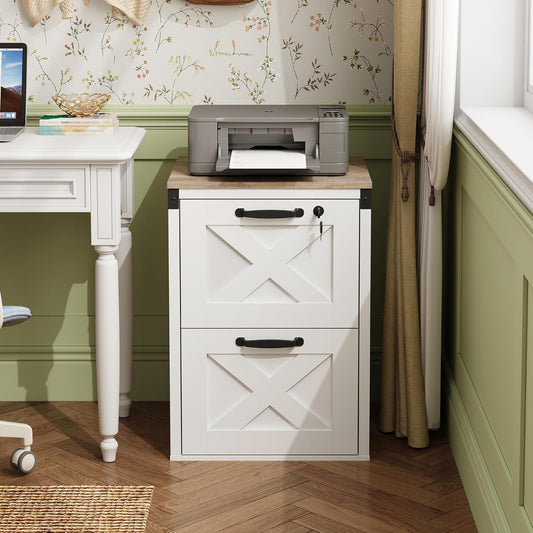 DEVAISE 2 Drawer File Cabinet with Lock, Wood Farmhouse Filing Cabinet for Home Office, Printer Stand Fits Letter and A4 Size, White