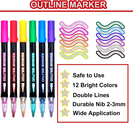 Glitter Markers Outline Pens Metallic,12 Cute Art Supplies Kids 6-8 9-12 10-12 Year Old Tween Teen Girl Gifts Trendy Stuff,Arts Crafts Kids Ages 8-12,Crafts Girls 8-12 Shimmer Sparkle Cool Fun Drawing
