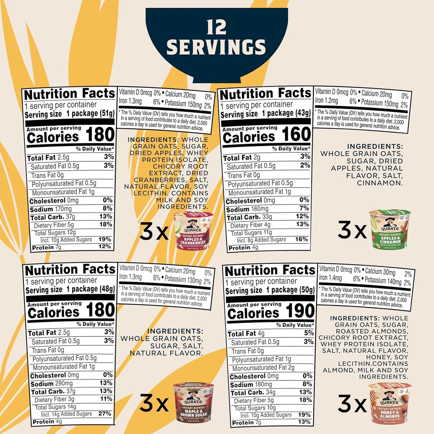 Quaker Instant Oatmeal Express Cups, 4 Flavor Variety Pack, 1.76 Ounce (Pack of 12)