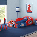 Delta Children - Marvel Spidey and His Amazing Friends 4-Piece Toddler Room-in-a-Box Set – Includes Sleep and Play Toddler Bed, Table, 1 Chair and Fabric Toy Box, Blue/Red