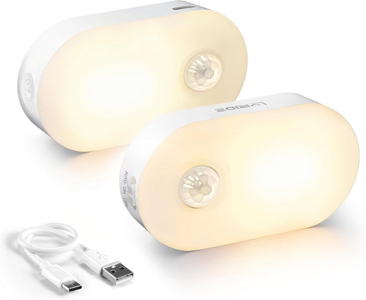 Lyridz Rechargeable Battery Night Light with Motion Sensor, Portable Mini Warm White LED Stick-on Closet Light, Adjustable Brightness for Bathroom, Bedroom, Kitchen, Cabinet, Stairs, Hallway, 2-Pack