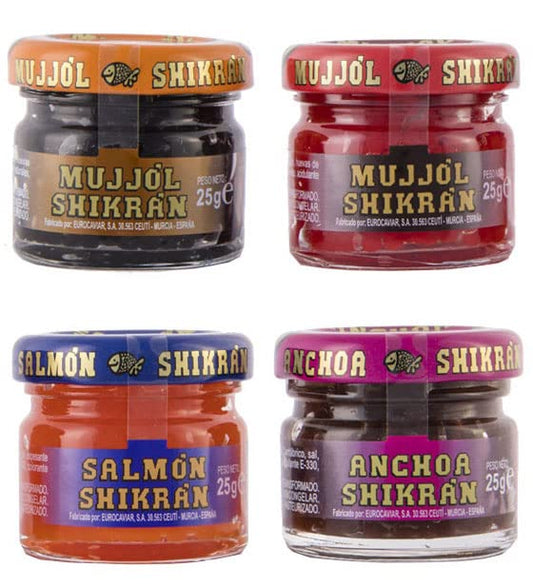 Eurocaviar - Shikran - Sampler pack: 4 x 0.88 oz Mullet Roe Black Caviar Pearls + Mullet Roe Red Caviar Pearls + Smoked Salmon Caviar Pearls + Anchovies Caviar Pearls [Premium Caviar Alternative]