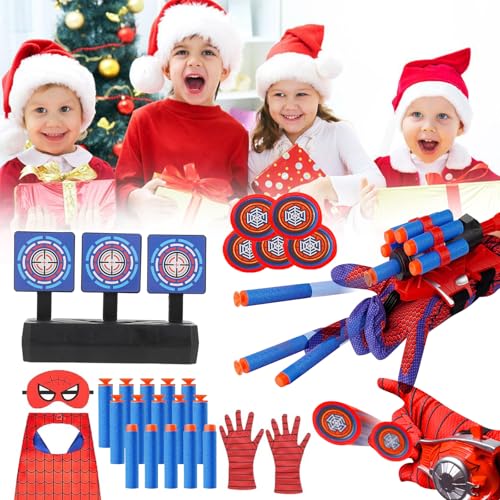 3 Sets Spider Web Shooters Classroom Prizes for Kids Wrist Launcher Toys with Hero Gloves Auto Resetting Boards Spider Cape and Mask Cosplay Costume for Kids Birthday Party