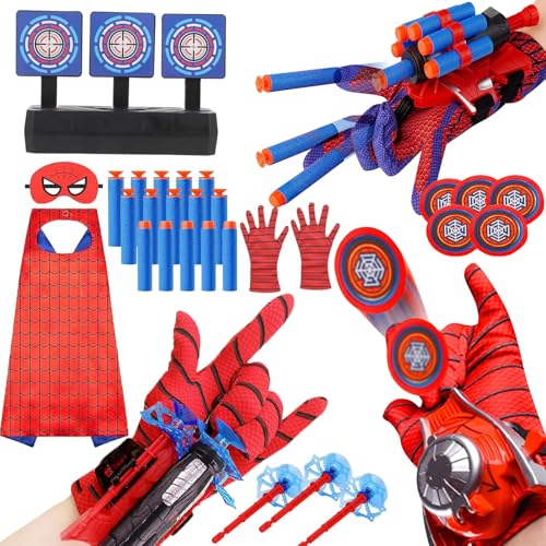 3 Sets Spider Web Shooters Classroom Prizes for Kids Wrist Launcher Toys with Hero Gloves Auto Resetting Boards Spider Cape and Mask Cosplay Costume for Kids Birthday Party