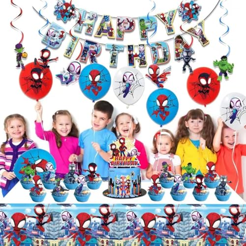 For Cartoon spidey themed birthday party supplies. These decorations include "Happy Birthday" banners, tableware, tablecloths, balloons, large and small skewers, and party-themed decoration sets.