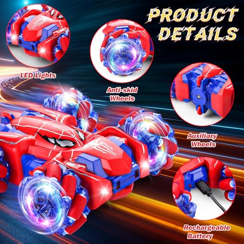 Punieayi Spider Remote Control Car, 2.4Ghz RC Cars with Headlight Double Sided Off-Road 360° Rotating Rechargeable 4WD RC Stunt Car Indoor Outdoor Spider Toys for Boys 4-6 5-7 8-13