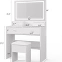 Haewon Vanity Desk with Mirror and LED Lights, White Makeup Vanity with Power Outlet, Storage Drawers and Chair, Dressing Table Set for Bedroom Dressing Room