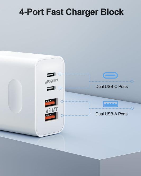 [2-Pack] USB C Wall Charger, 40W 4-Port Fast Charging Block USB C Charger Dual USBC Power Adapter + QC Wall Plug Multiport Brick Type C Block for iPhone 15/14/13/12/11/Pro Max/XS/XR, iPad, Samsung