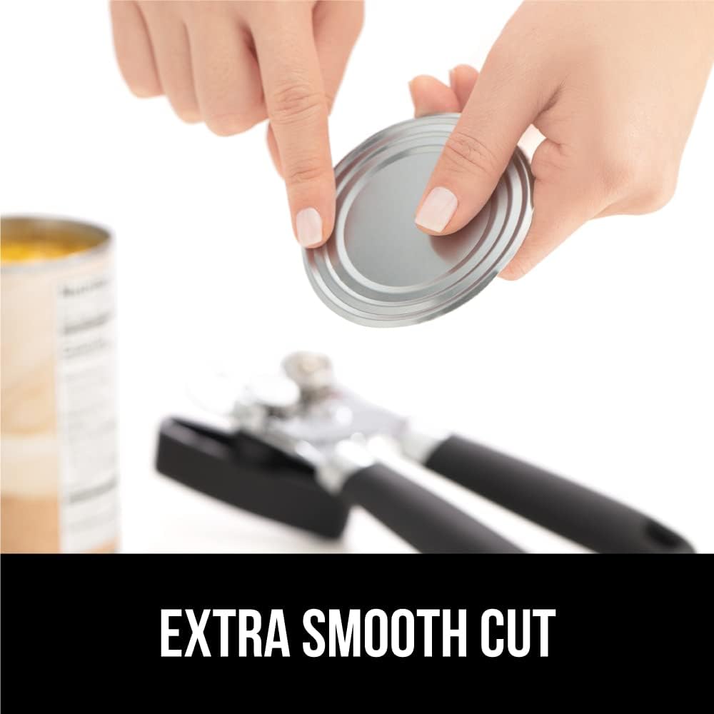GORILLA GRIP Heavy Duty Stainless Steel Smooth Edge Manual Can Opener, Soft Comfortable Handle, Large Handheld Turn Knob, Built-In Bottle Openers, US Designed, Holiday Prep Kitchen Essential, Black