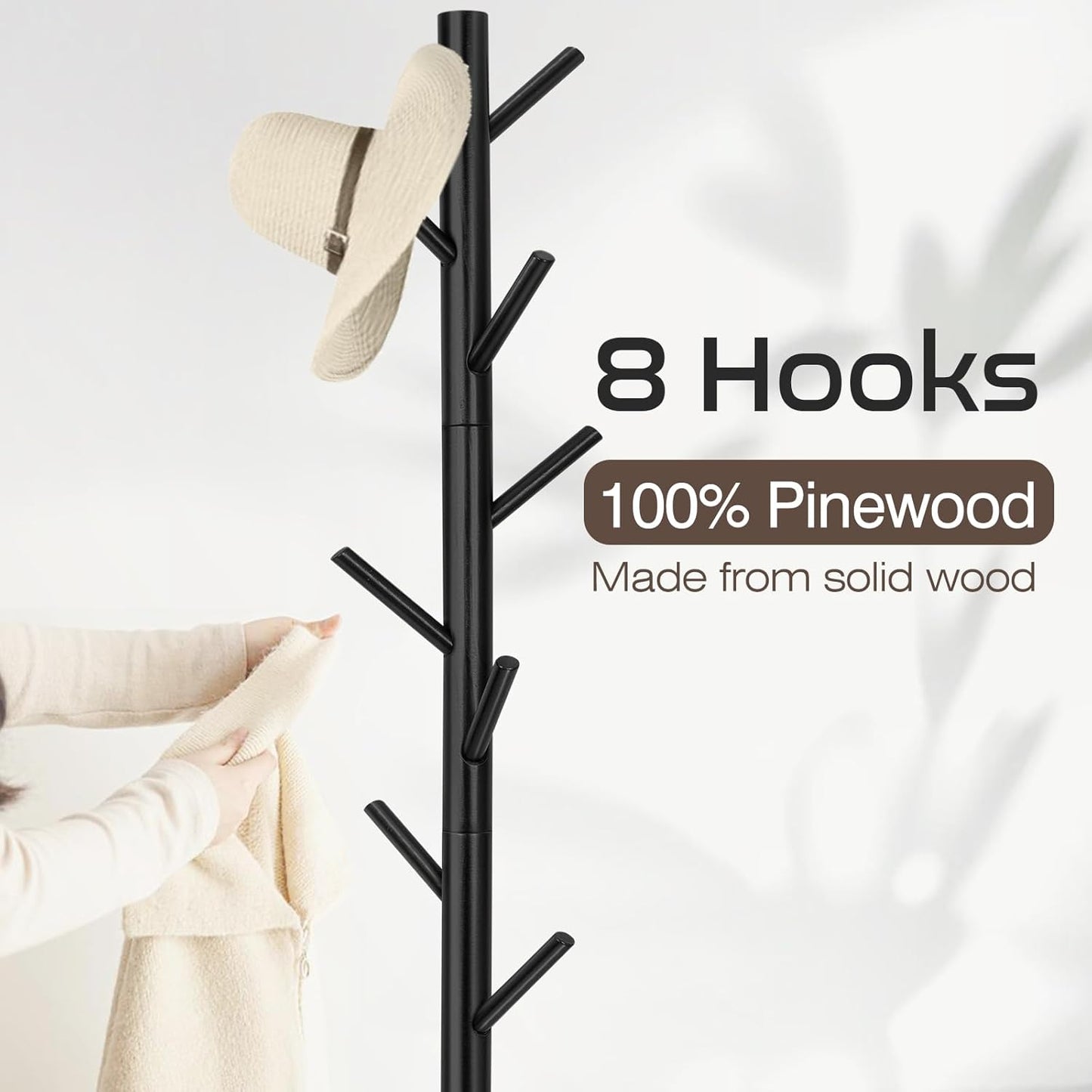 Coat Rack, Freestanding Coat Rack with 8 Hooks and 3 Adjustable Size Tree Coat Racks for Bedroom, Hallway, Entrance, Office, for Hats, Coats, Scarves, Handbags