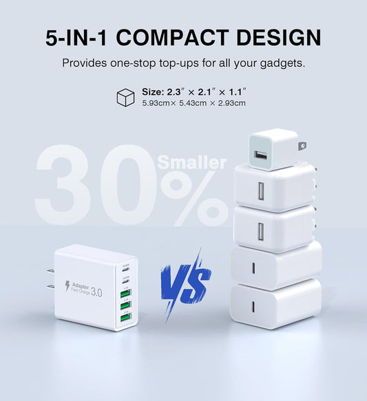 [2-Pack] USB C Wall Charger,60W 5-Port PD Fast USB C Charging Block,2USB C+3USB A Multiport Plug,Type C Power Adapter Brick Cube for iPhone 17/16/15/14/13/12/Pro Max/XS,iPad,for Switch,Samsung,Ultra 2