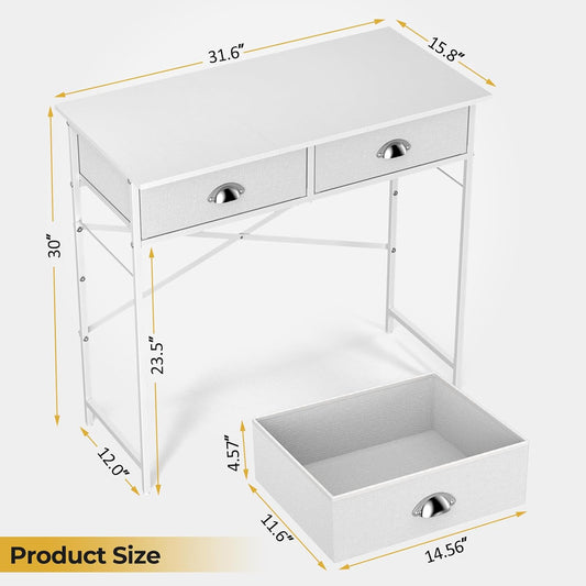 Small Writing Desk for Kids Bedroom, 31.5 Inch White Computer Desk for Small Spaces, Simple Desk with 2 Fabric Drawers for Home Office, Dorm, Living Room, Home Study Table, White