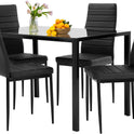FDW | 5-Piece Dining Table Set | Black | Glass Kitchen Table with 4 Upholstered Chairs and Faux Leather Cushions | Space-Saving and Modern Design | for Dining Room, Easy to Assemble