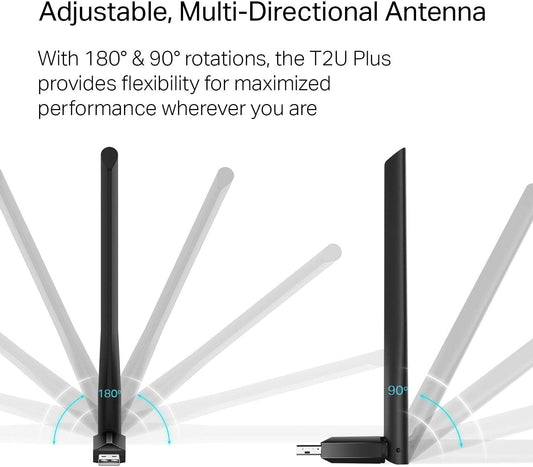 TP-Link AC600 USB WiFi Adapter for PC (Archer T2U Plus)- Wireless Network Adapter for Desktop with 2.4GHz, 5GHz High Gain Dual Band 5dBi Antenna, Supports Win11/10/8.1/8/7/XP, Mac OS 10.9-10.14, Black