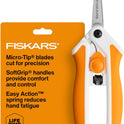Fiskars Micro-Tip Spring Assisted Scissors, Precision Cutting Stainless Steel Blades, Comfort Handle, Cut Details in Fabric, Sewing Scissors and Arts and Crafts Tools